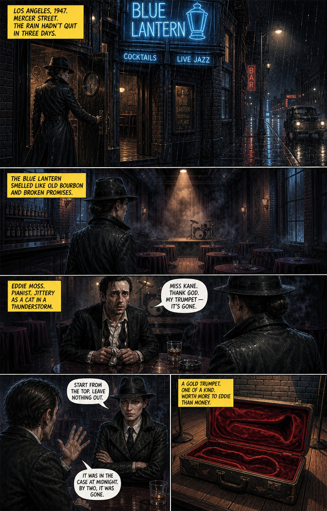 The first page of the ComicInk noir comic Rain on Mercer Street: rain on a 1947 Los Angeles street outside the Blue Lantern club, a detective entering, and a jittery pianist named Eddie Moss telling her his gold trumpet is gone.
