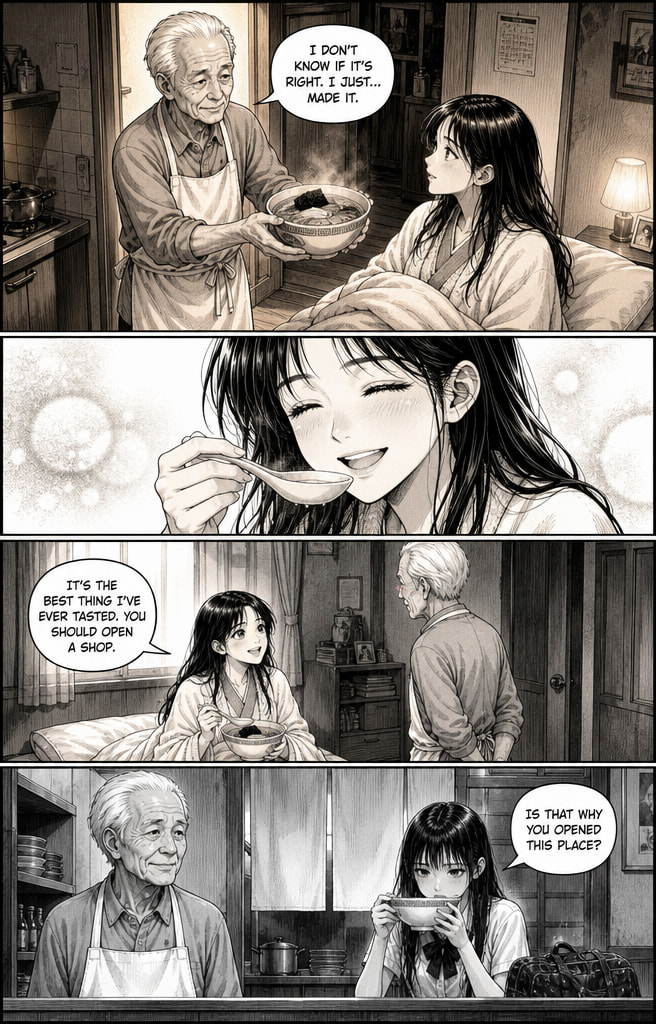 A manga page from the ComicInk comic The Last Bowl at Midnight made of four full-width panels: an old cook handing a bowl of ramen to a young woman, a close-up of her smiling as she eats, her saying "It's the best thing I've ever tasted. You should open a shop," and a present-day scene asking "Is that why you opened this place?"