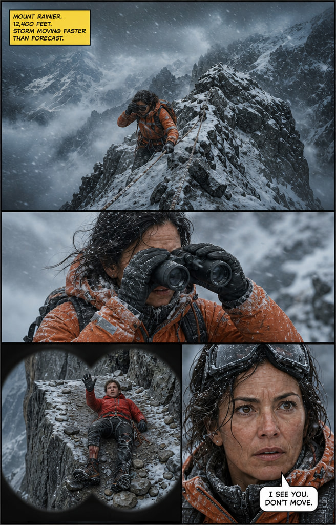 Opening page of the ComicInk comic Above the Clouds: a wide establishing panel of a climber on a stormy ridge, a medium shot of her raising binoculars, then a circular binocular point-of-view panel of an injured man on a ledge beside a close-up of her face saying "I see you. Don't move."