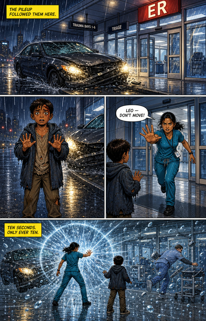 A page from the ComicInk comic Night Shift: a wide top panel of a wrecked car outside a hospital ER at night, a middle tier with two panels of a frightened boy and a nurse shouting "Leo, don't move!", and a full-width bottom panel of the nurse freezing time in a burst of light, captioned "Ten seconds. Only ever ten."