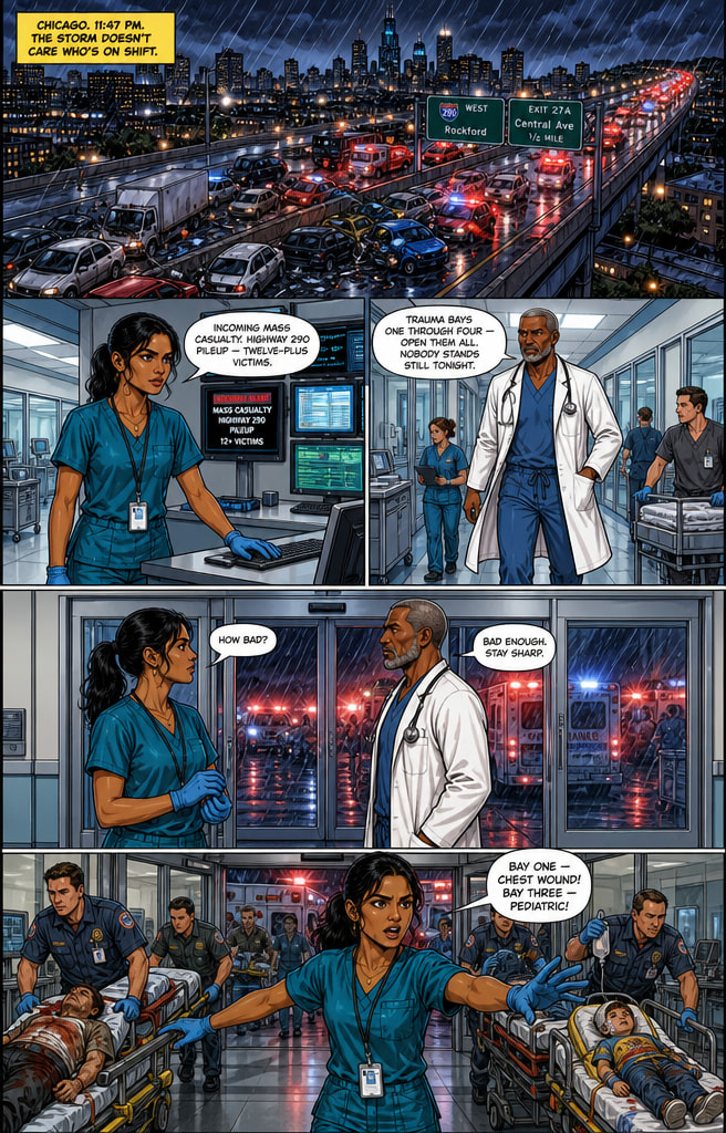 The first page of the ComicInk superhero comic Night Shift: a storm over Chicago at 11:47 pm, a highway pileup, an ER nurse and a senior doctor preparing for mass casualties, and the nurse directing stretchers to trauma bays.